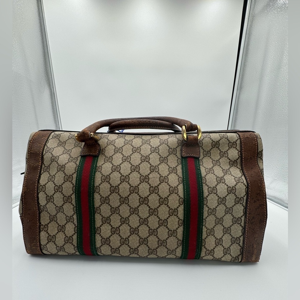 Vintage Gucci GG Coated Canvas Web Stripe Boston Duffle Doctor Bag Sherry Line